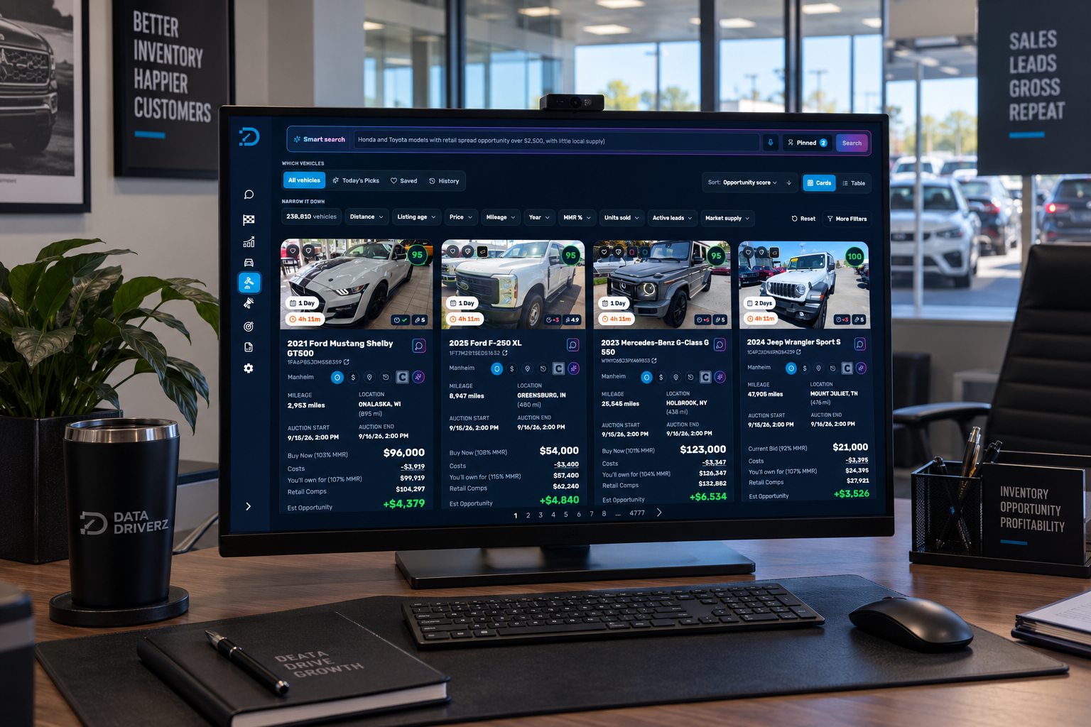 Data Driverz Acquisition Intelligence dashboard with opportunity scores across auction vehicles