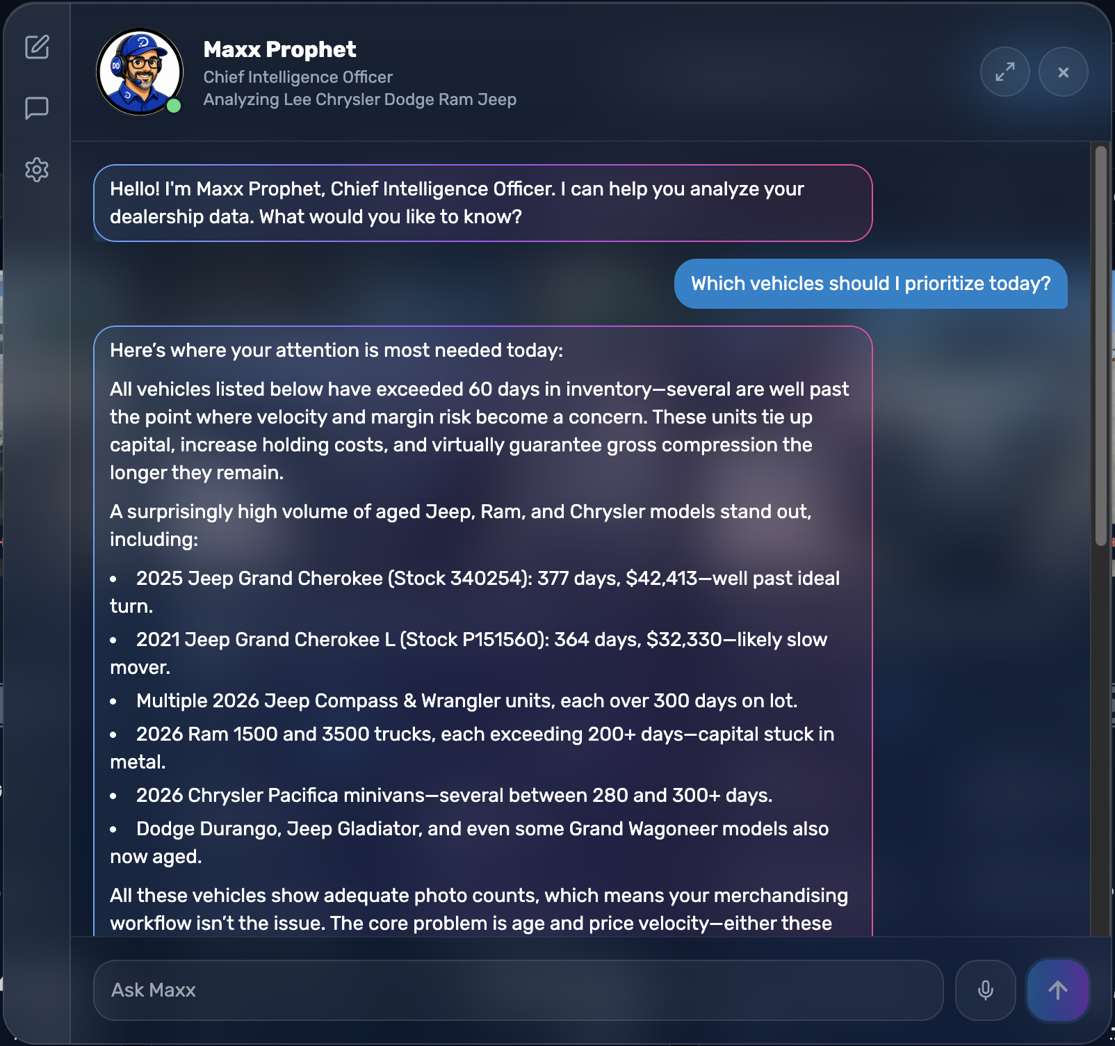 Maxx Prophet chat analyzing a dealership's aging inventory in plain language