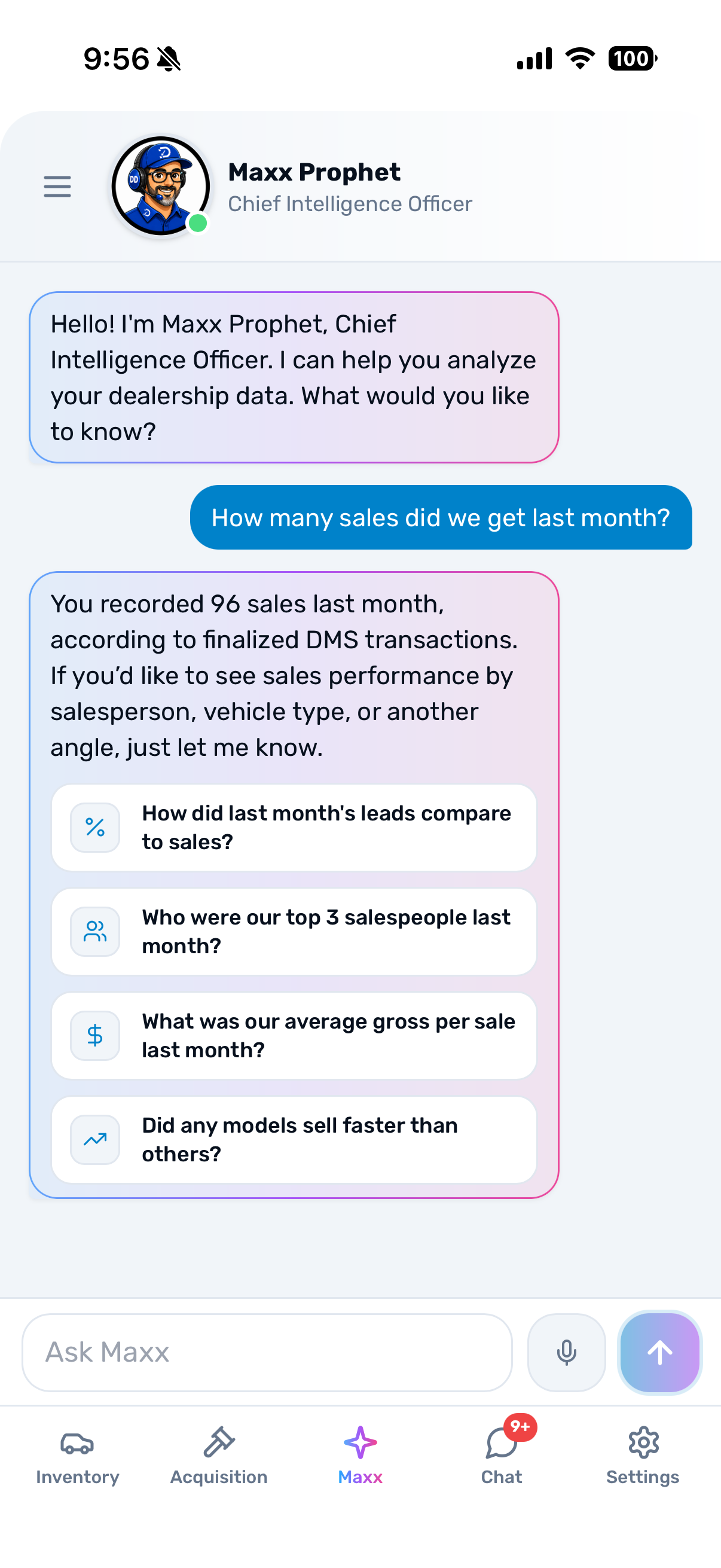 Maxx Prophet mobile chat answering questions about the store