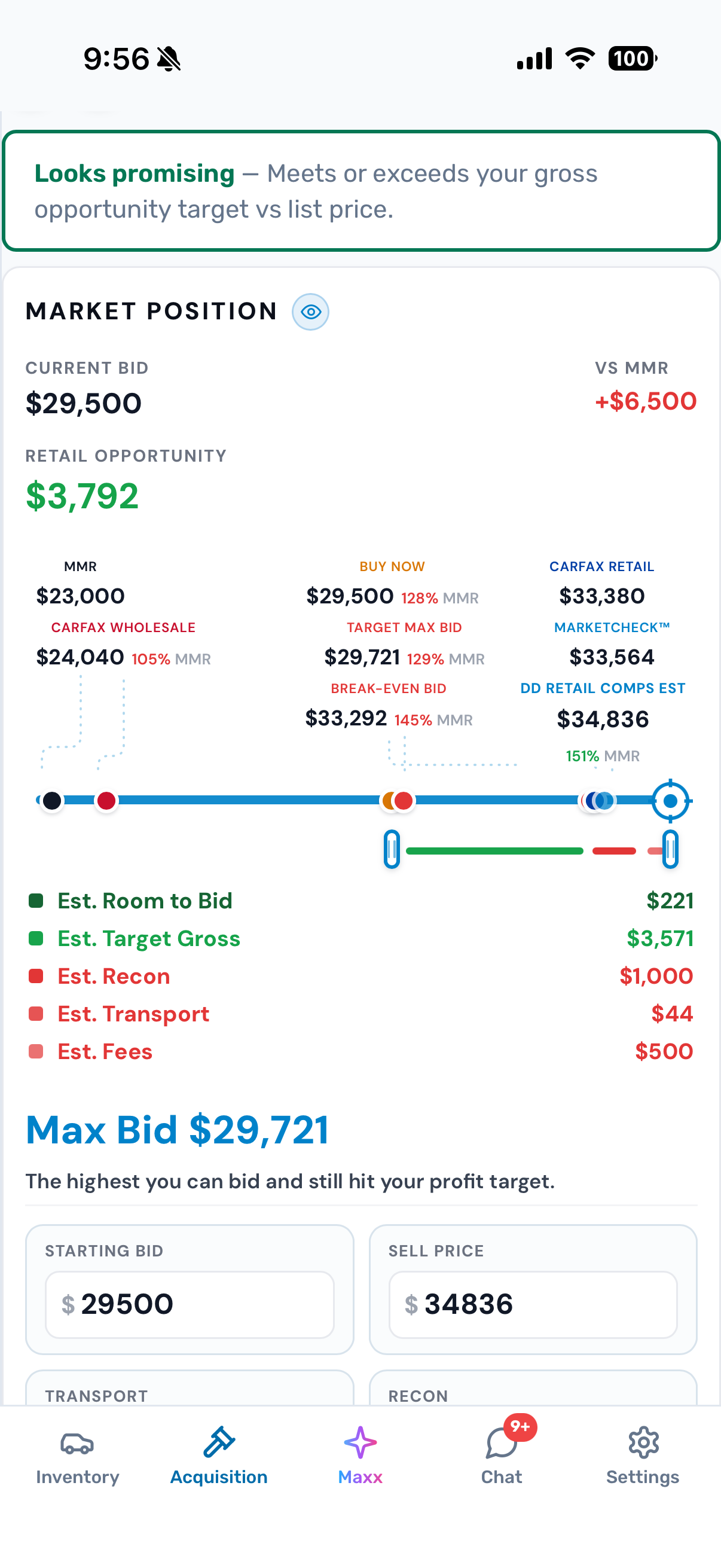 Mobile market position screen with max bid and deal calculator