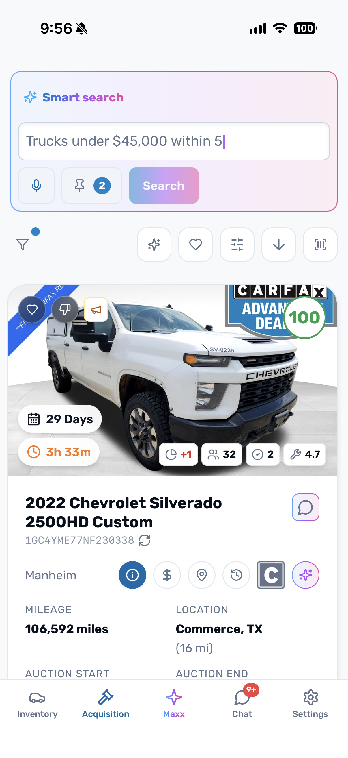 Mobile smart search showing an auction truck with opportunity score and deal details